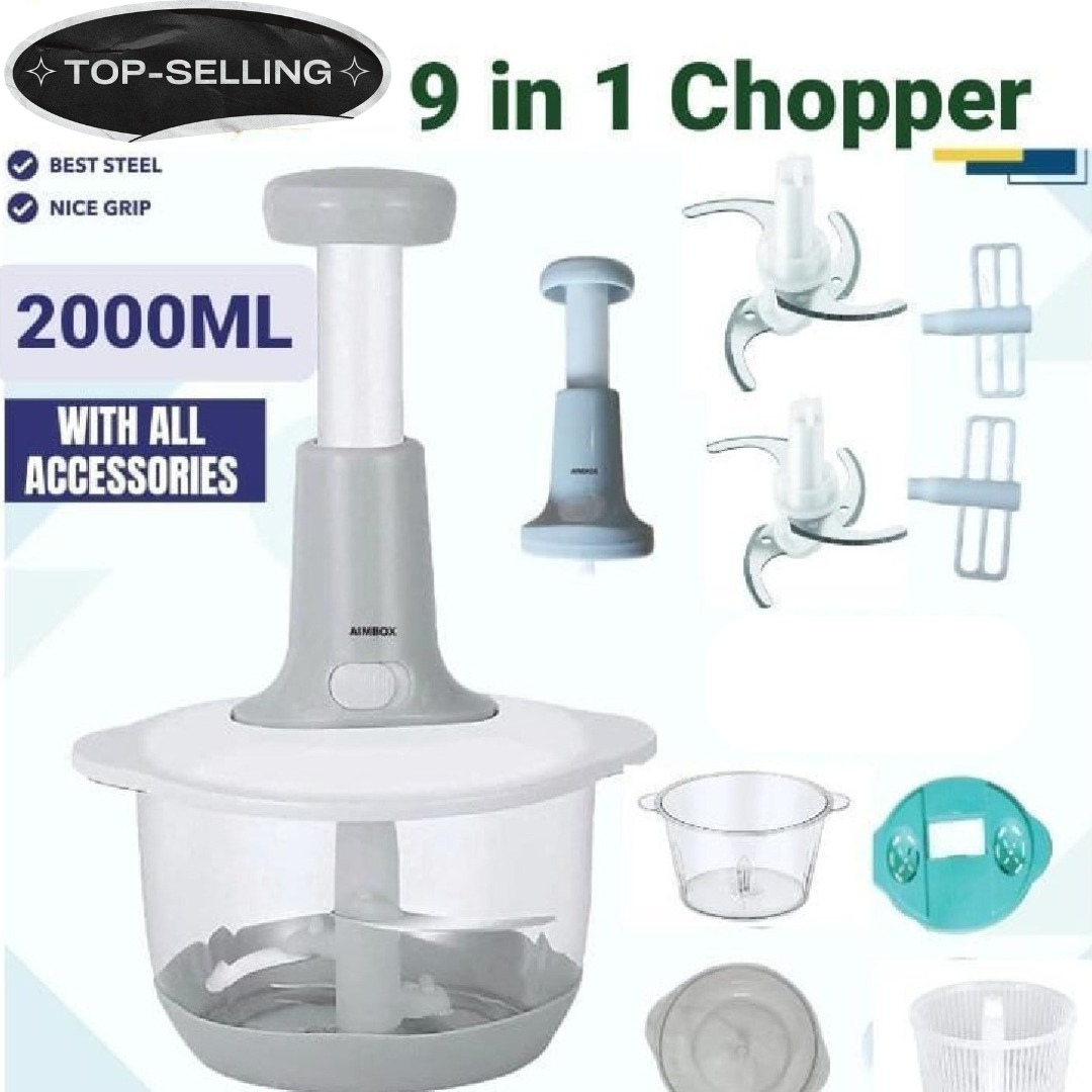 Manual Hand Operated 2000 ML Chopper Pump Action With Free 3 Blades Food Processor Portable Container And Easy To Clean Kitchen Gadget.